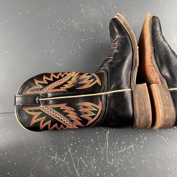 Nocona Western Boots Mens 9D Black Cowboy Leather Orange Red Feather Embroidery - Picture 8 of 9